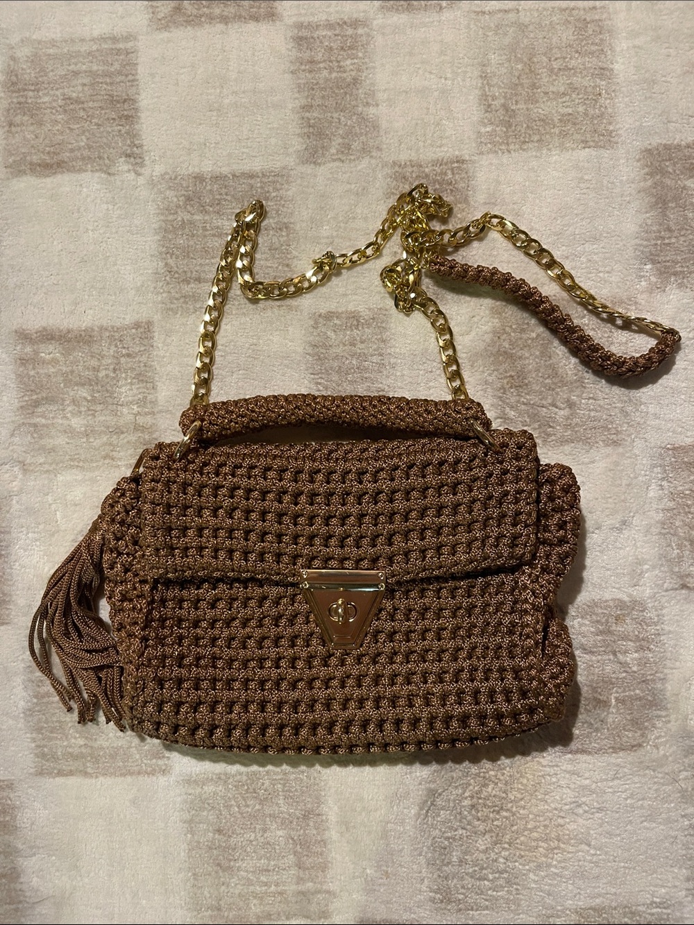 Woven Brown Crossbody Bag with Gold Chain